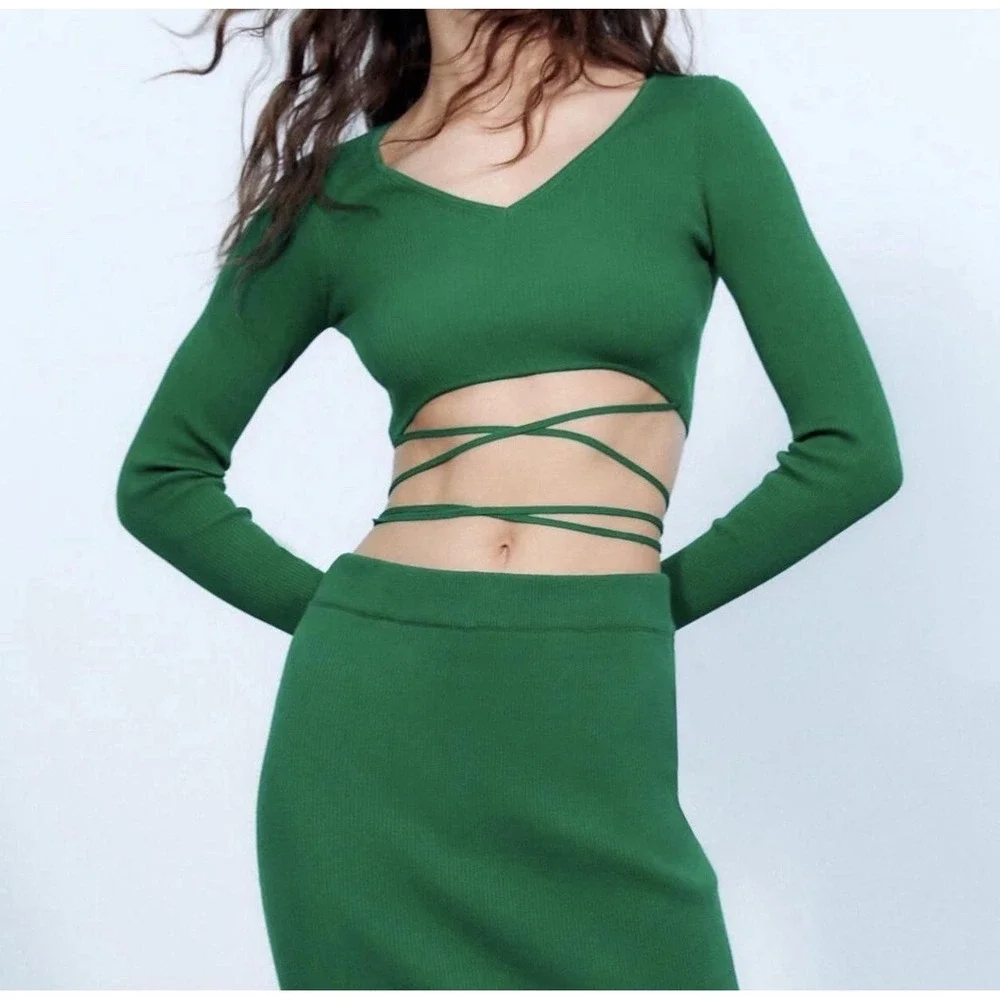 Zara Green Ribbed Cutout Tie Waist Crop Top Size S Coquette Y2K Party Night Out